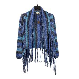 Poof Excellence Womens L Blue Fringe Knit Cardigan Sweater Acrylic Open Front Ne